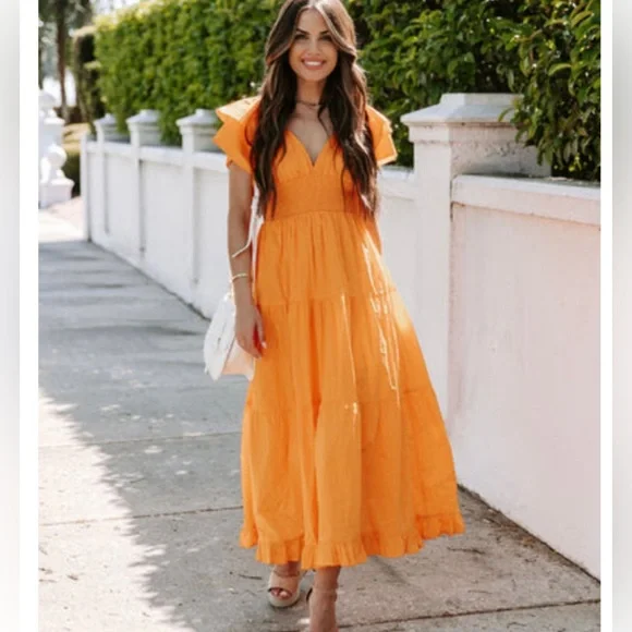 open lace back dress Orange Halter Cinched Waist Tiered Midi Dress *FINAL SALE* – SSYS main image 0